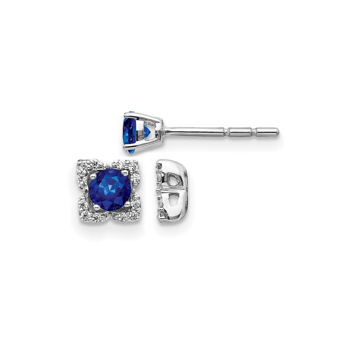 14k White Gold Stud Earrings with Blue Sapphire and Diamond Halo Floral Design
