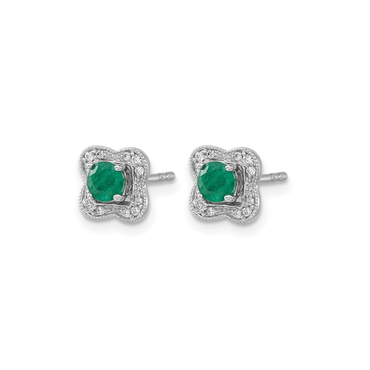 14k White Gold Stud Earrings with Round Emerald and Diamond Floral Halo Design