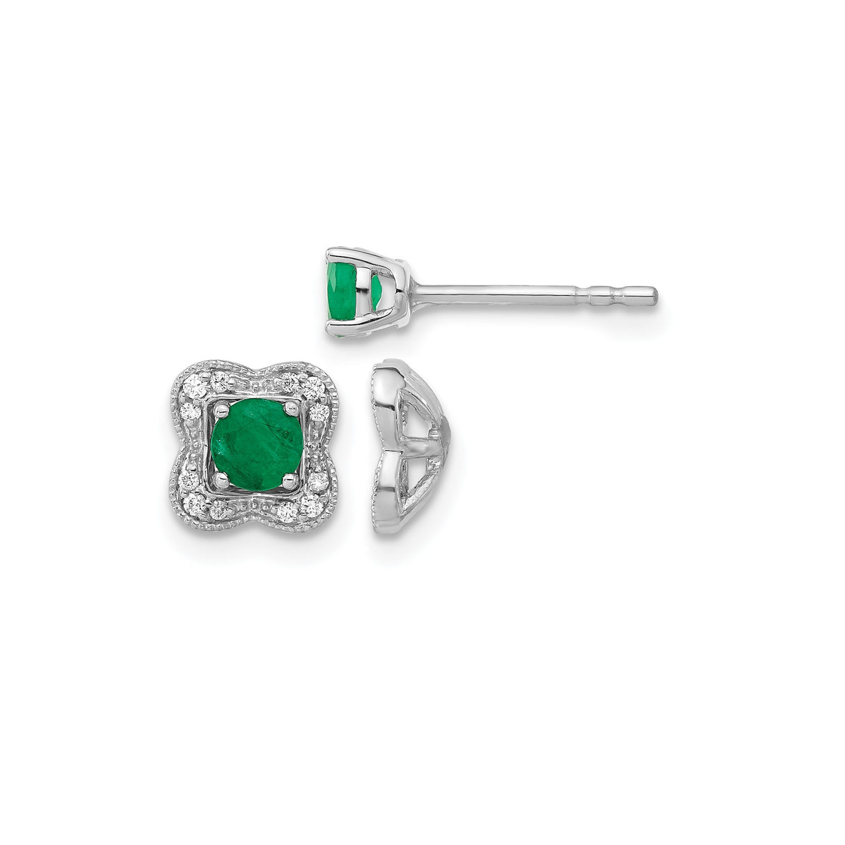 14k White Gold Stud Earrings with Round Emerald and Diamond Floral Halo Design