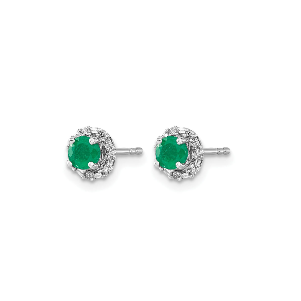 14k White Gold Stud Earrings with Emerald Center and Diamond Halo Floral Cluster