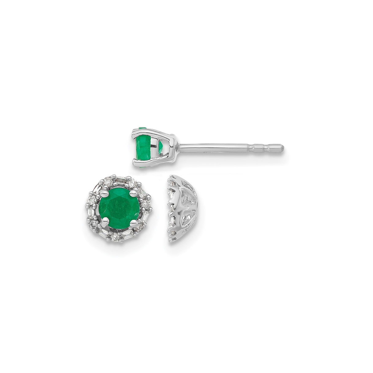 14k White Gold Stud Earrings with Emerald Center and Diamond Halo Floral Cluster
