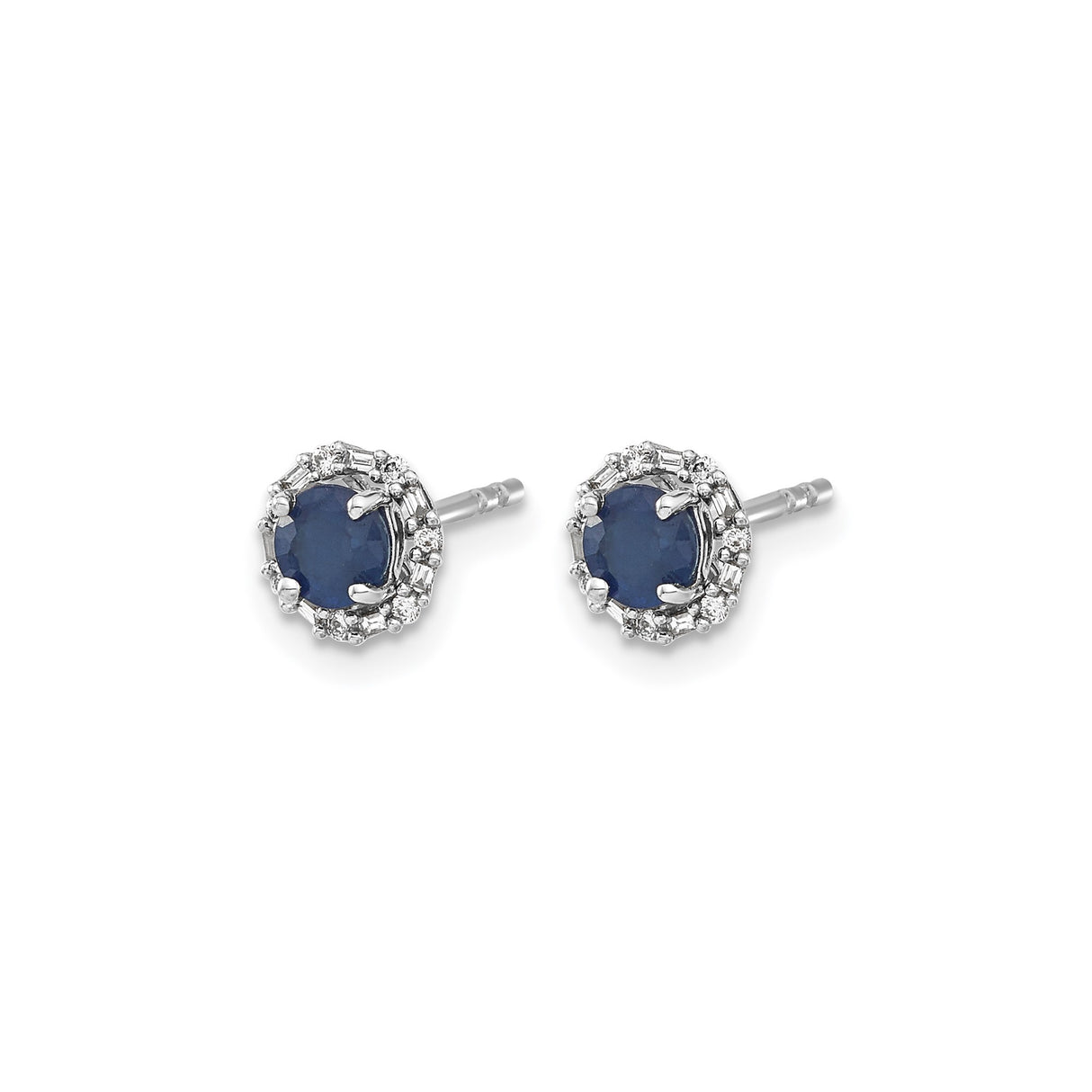 14k White Gold Stud Earrings with Blue Sapphire and Diamond Halo