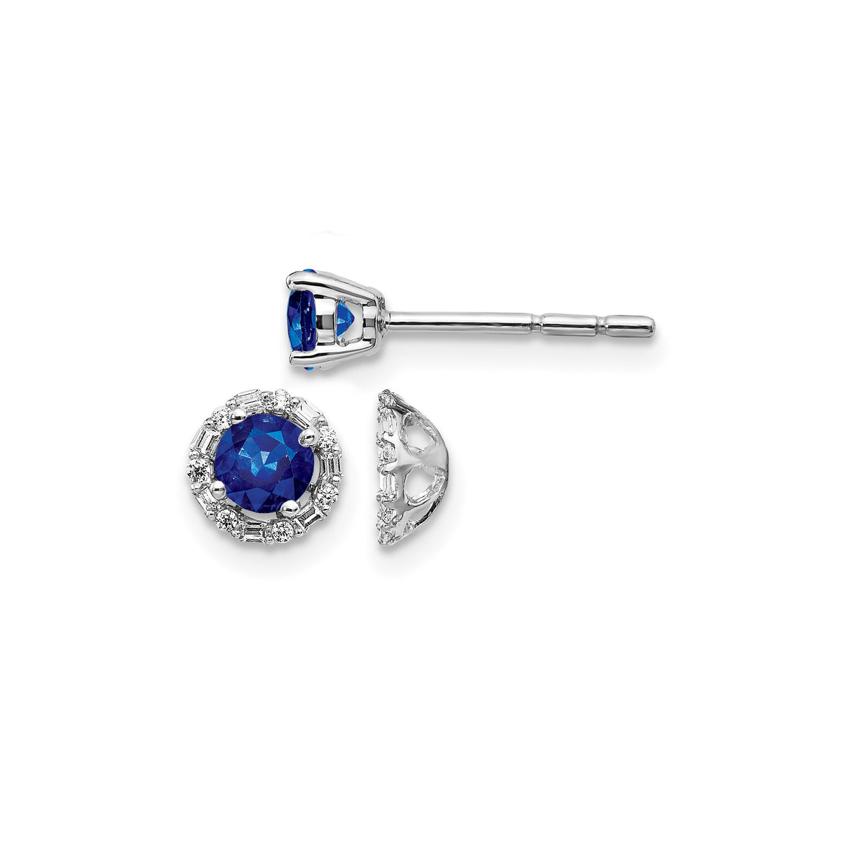 14k White Gold Stud Earrings with Blue Sapphire and Diamond Halo