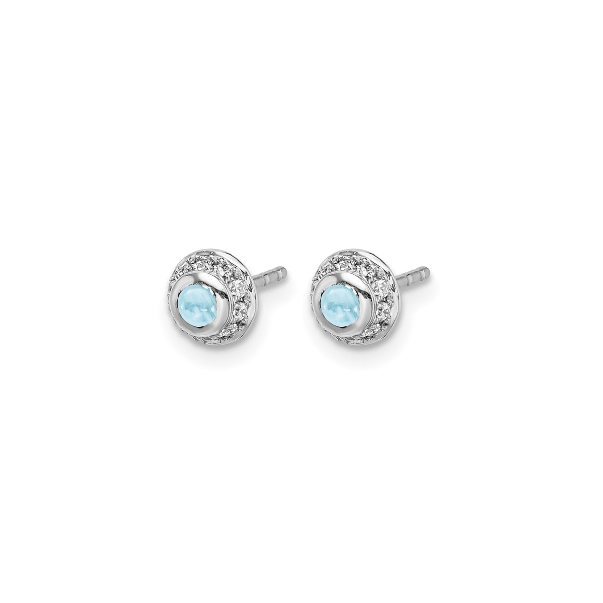 14k White Gold Stud Earrings with Aquamarine and Diamond Halo Design