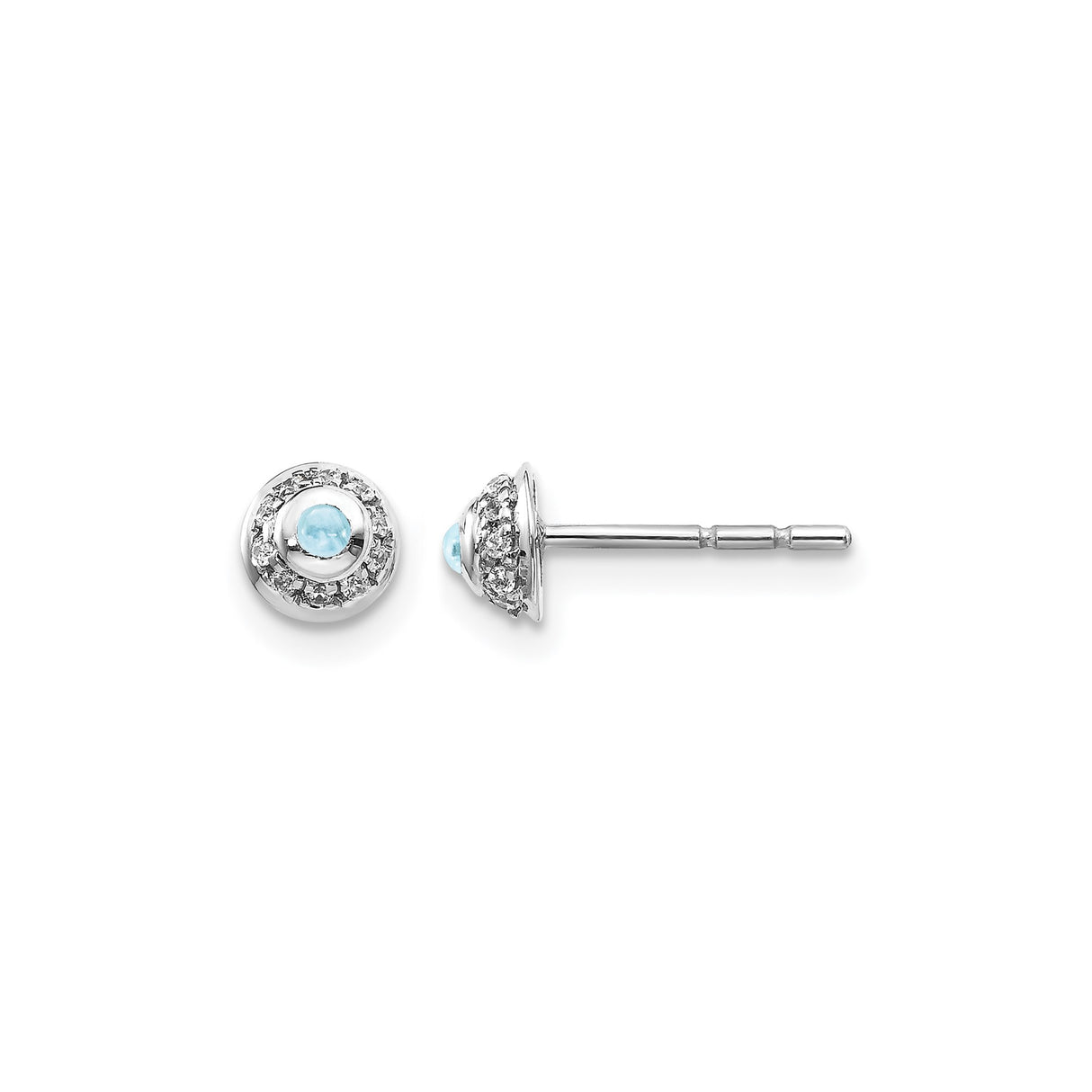 14k White Gold Stud Earrings with Aquamarine and Diamond Halo Design