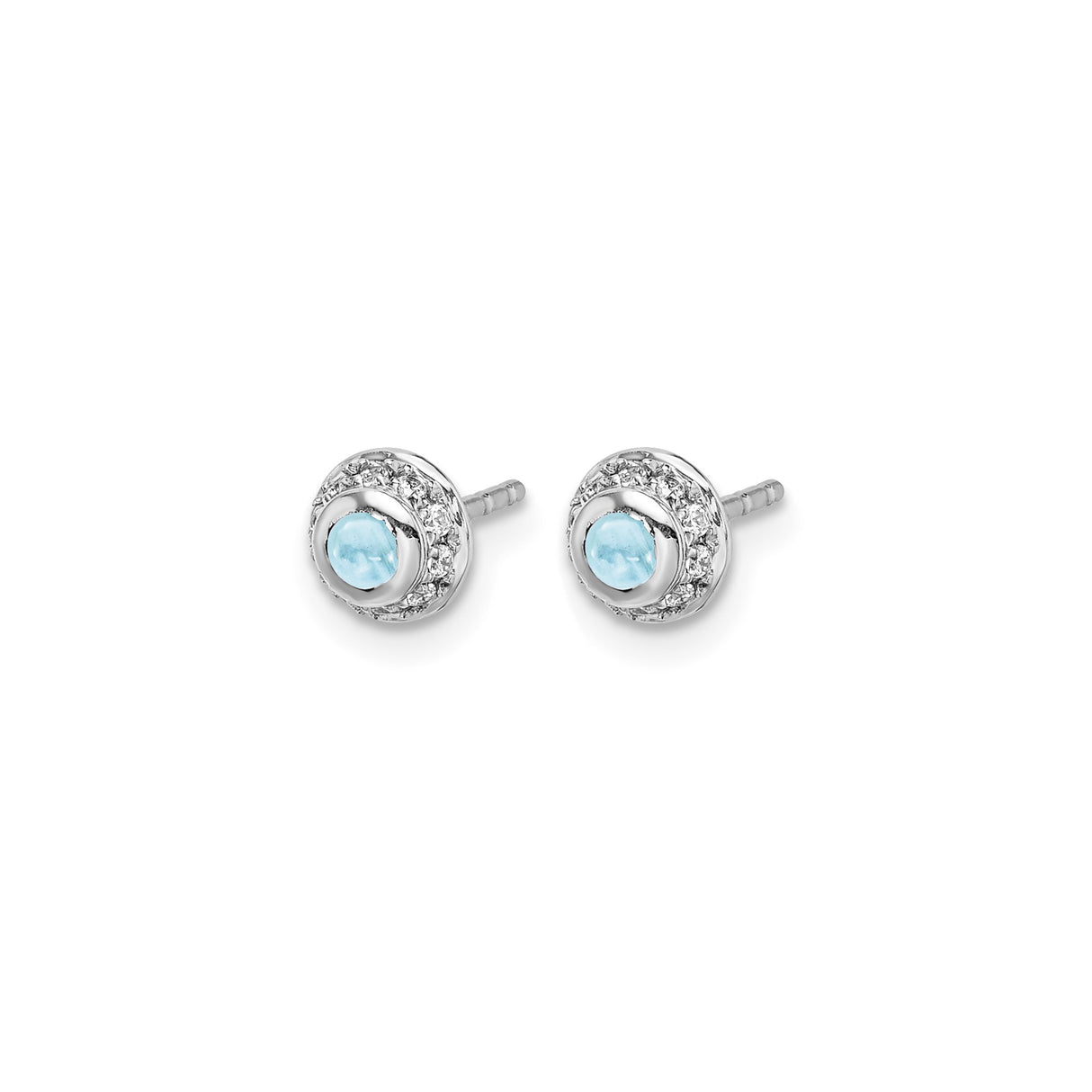 14k White Gold Stud Earrings with Round Aquamarine Center and Diamond Halo