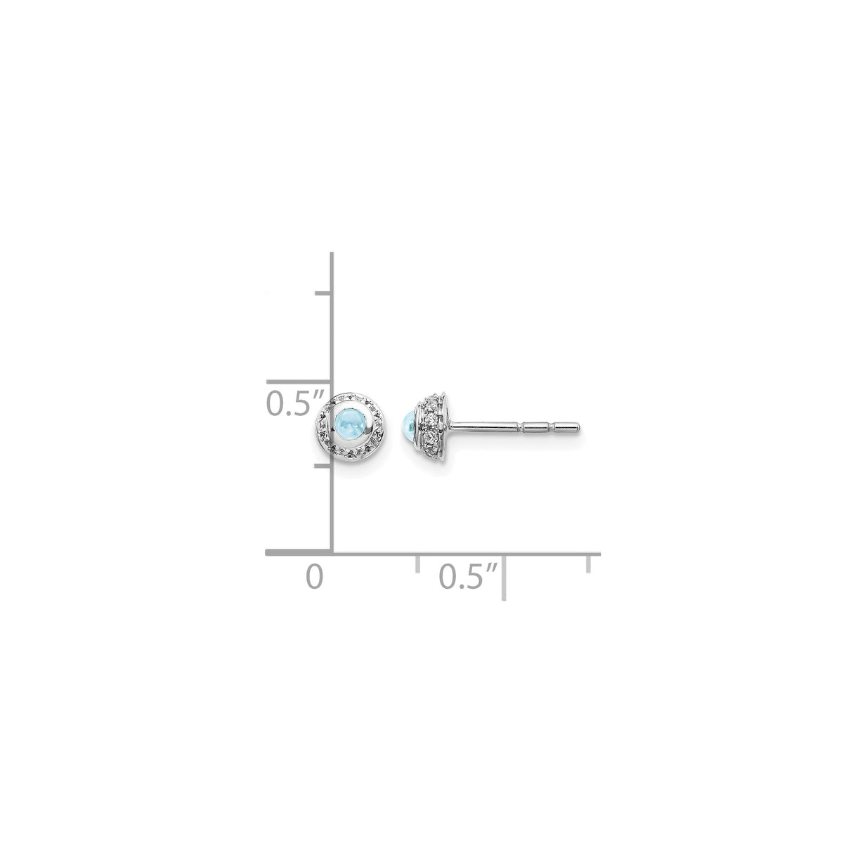 14k White Gold Stud Earrings with Round Aquamarine Center and Diamond Halo