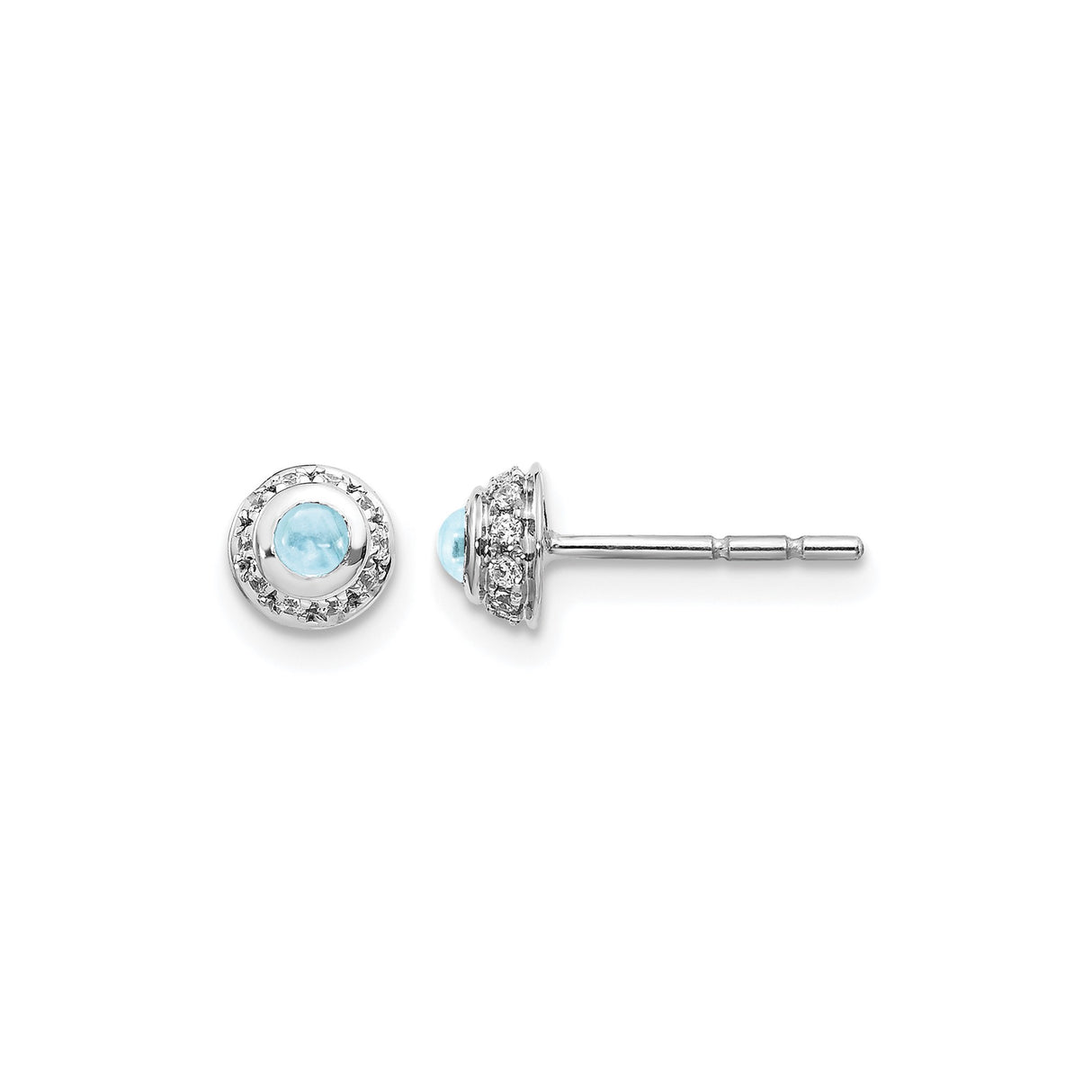 14k White Gold Stud Earrings with Round Aquamarine Center and Diamond Halo