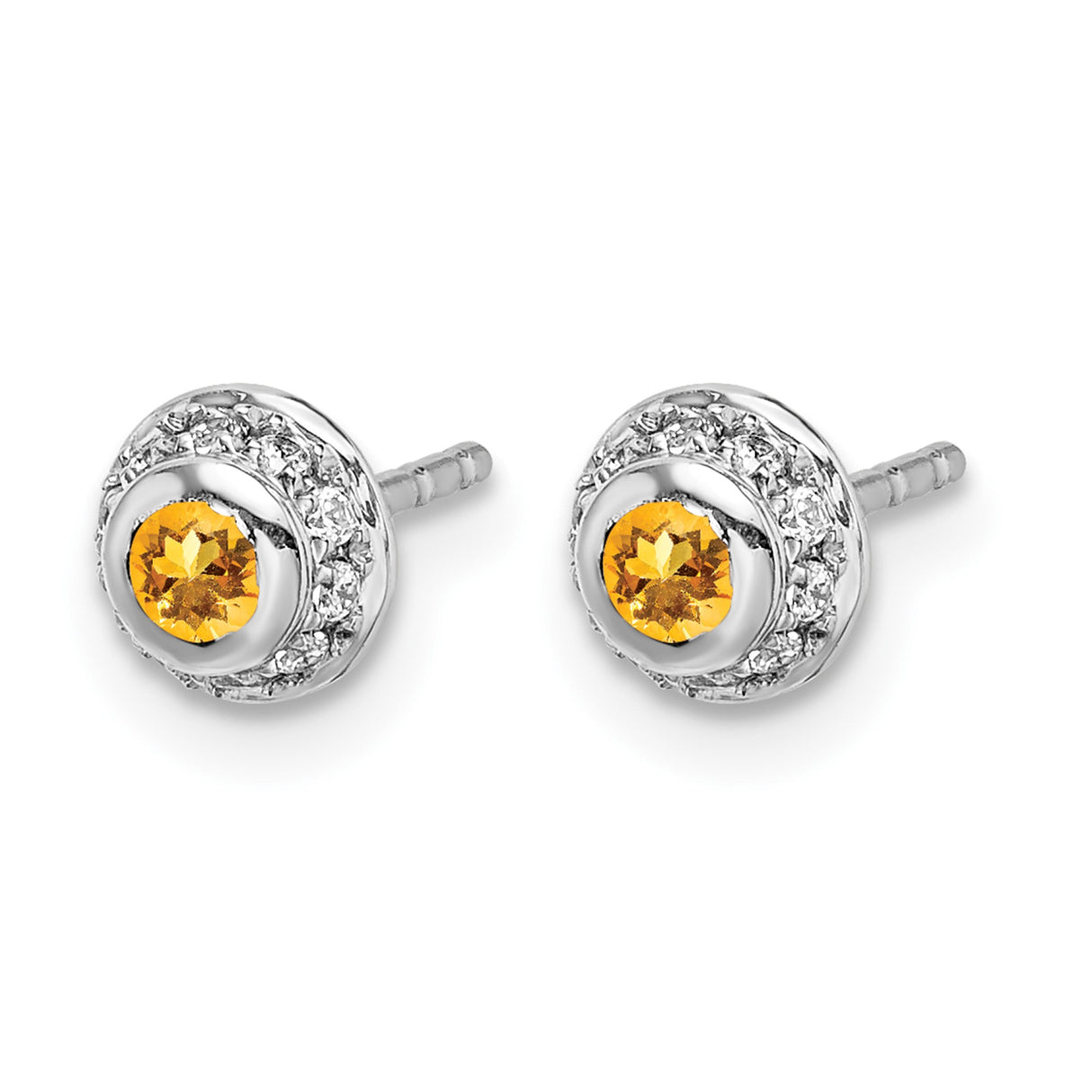 14k White Gold Stud Earrings with Citrine and Diamond, Halo Design