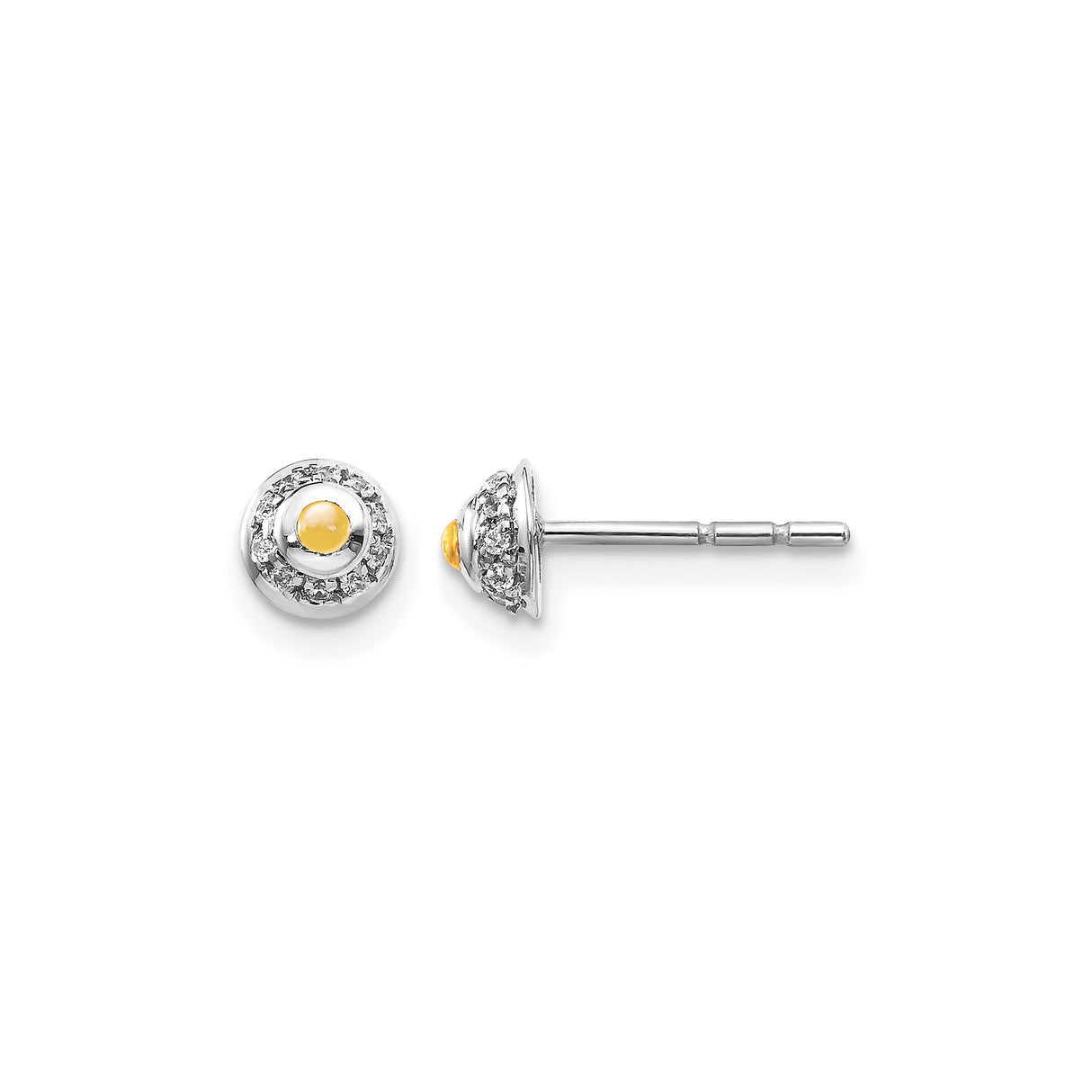 14k White Gold Stud Earrings with Citrine and Diamond, Halo Design
