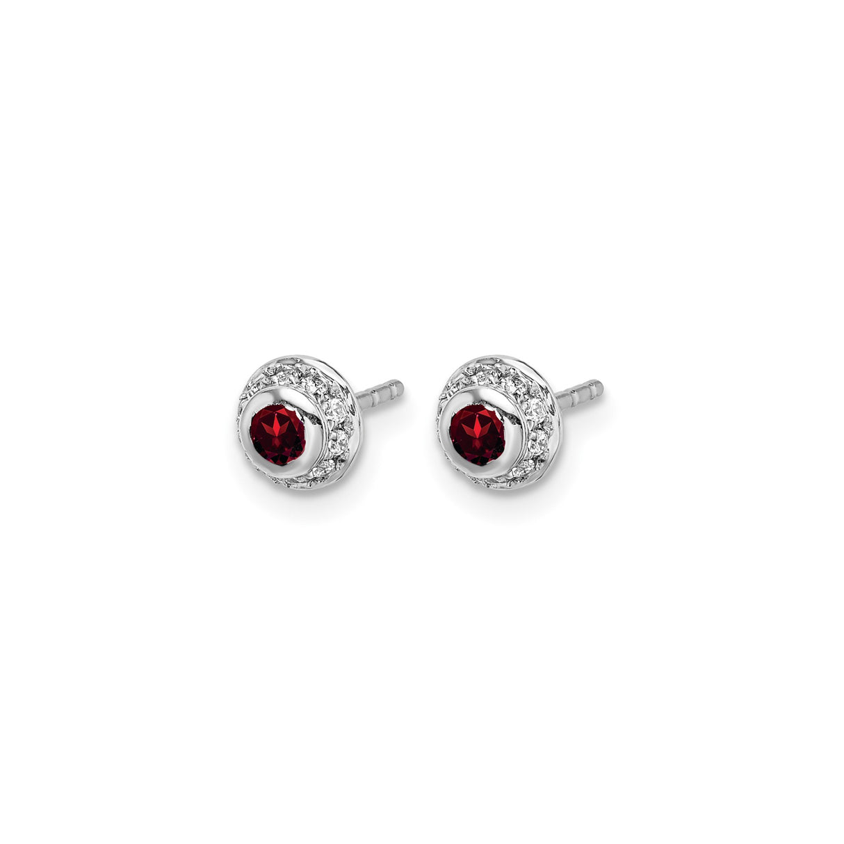 14k White Gold Stud Earrings with Garnet Center and Diamond Halo