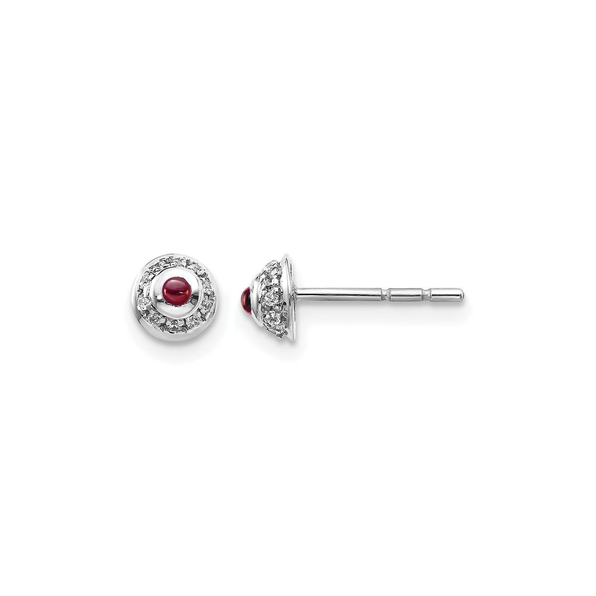 14k White Gold Stud Earrings with Garnet Center and Diamond Halo