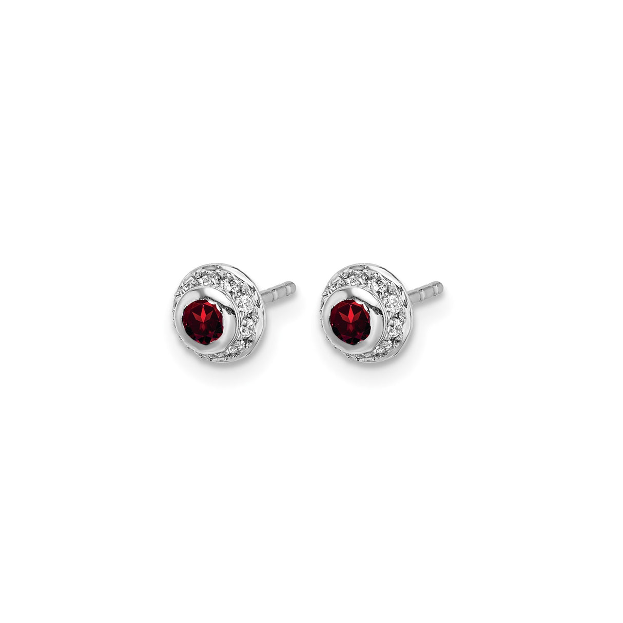 14k White Gold Garnet Stud Earrings with Diamond Halo, Classic Feminine Style for Women
