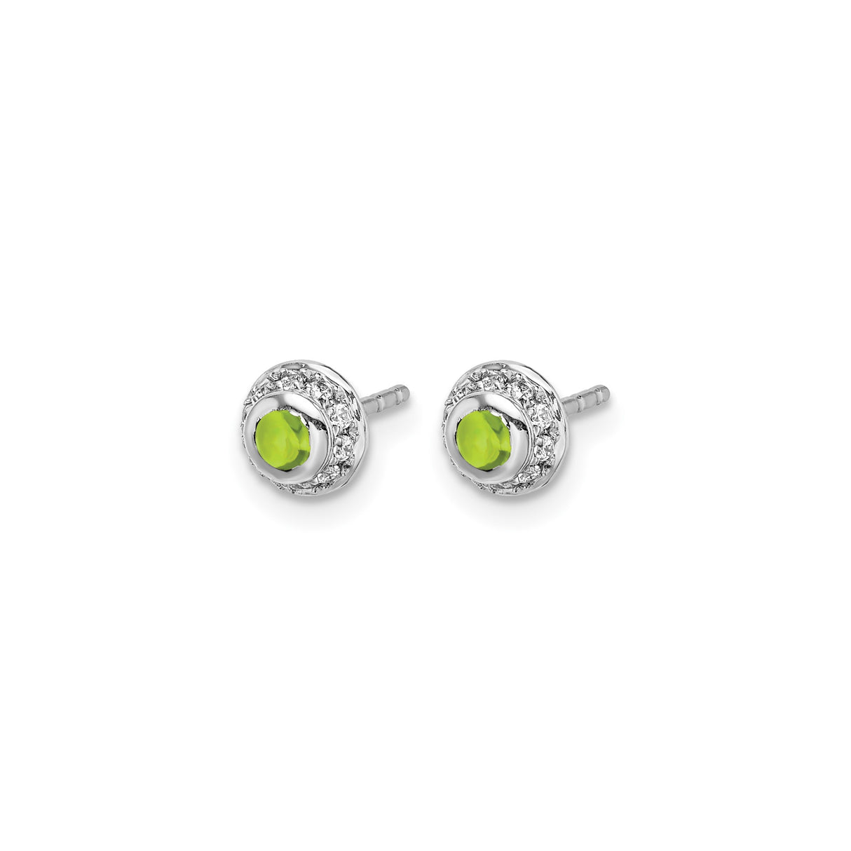 14k White Gold Stud Earrings with Round Peridot and Diamond Halo