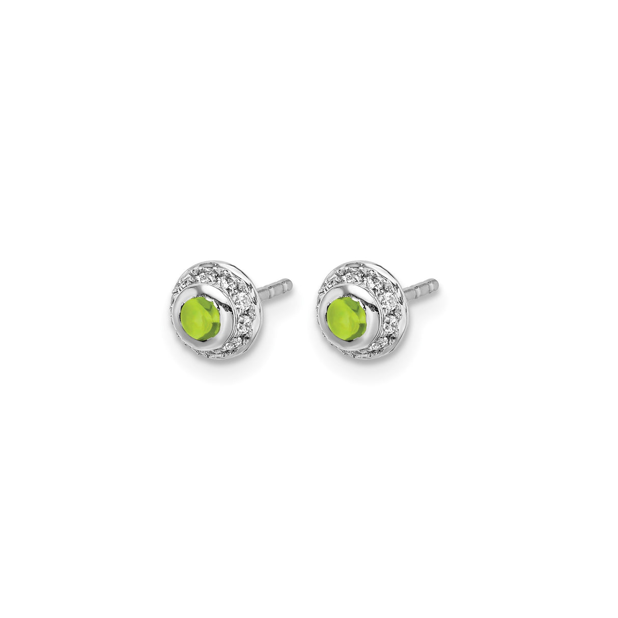 14k White Gold Stud Earrings with Round Peridot and Diamond Halo