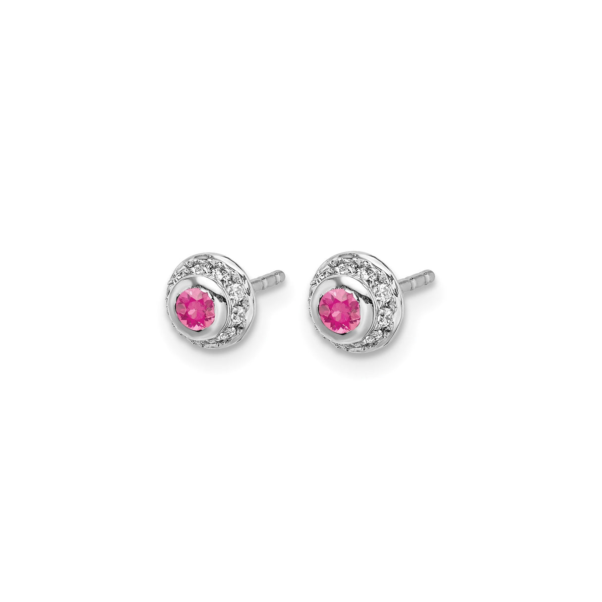 14k White Gold Stud Earrings with Pink Tourmaline Center and Diamond Halo Design