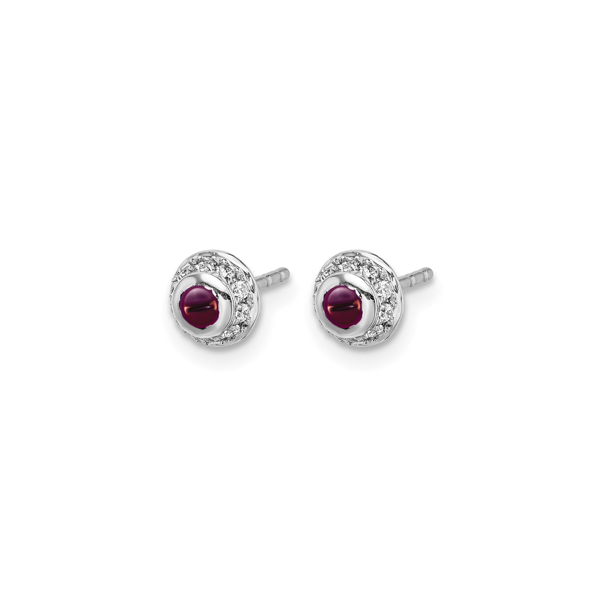 14k White Gold Stud Earrings with Rhodolite Garnet Center and Diamond Halo