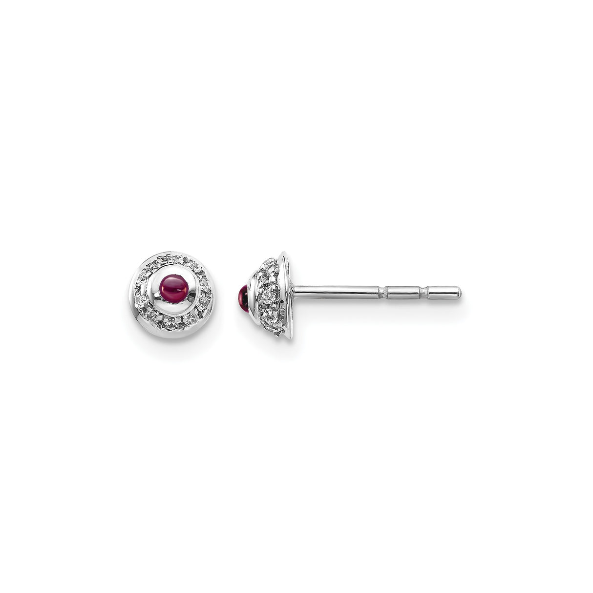 14k White Gold Stud Earrings with Rhodolite Garnet Center and Diamond Halo