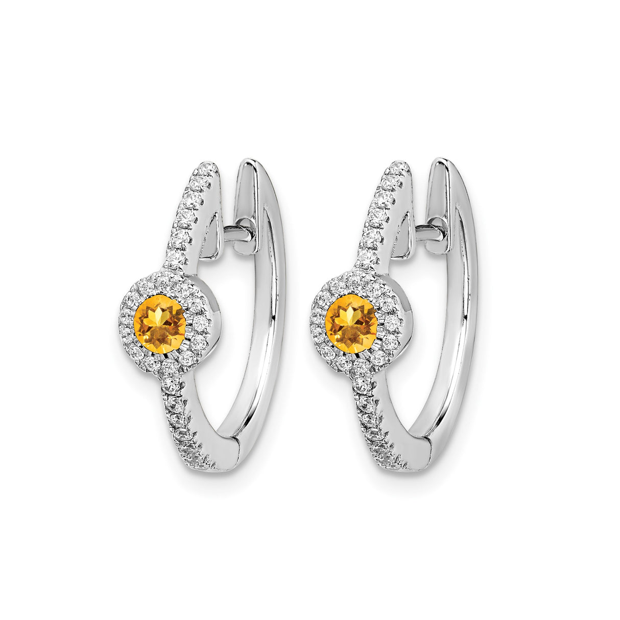 14k White Gold Hoop Earrings with Citrine and Diamond Accents, Halo Setting
