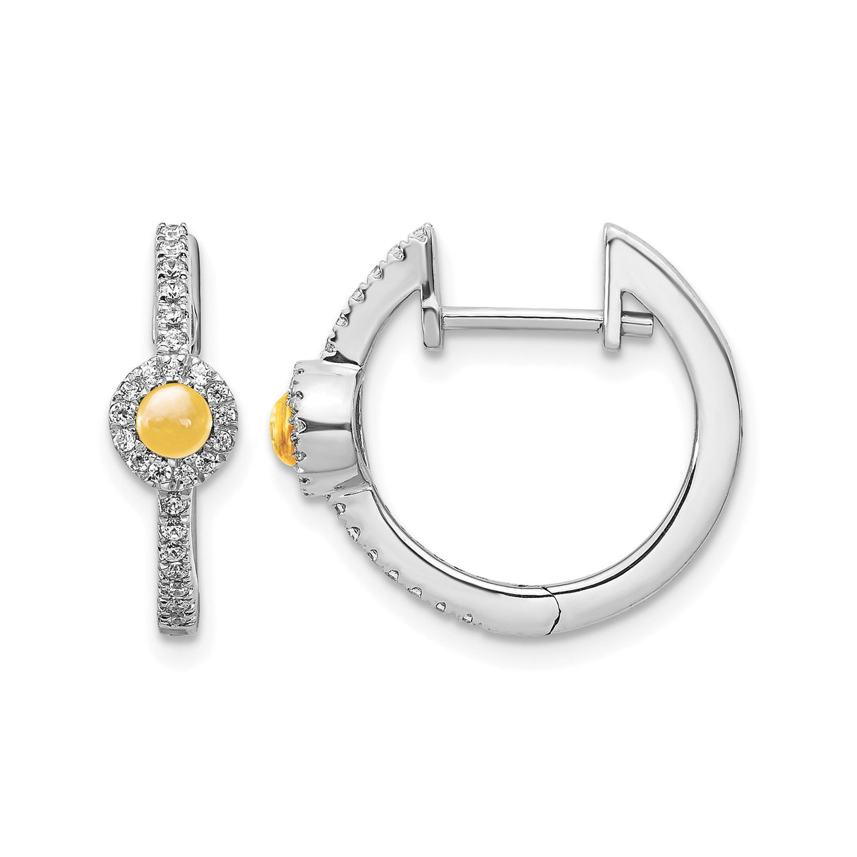 14k White Gold Hoop Earrings with Citrine and Diamond Accents, Halo Setting