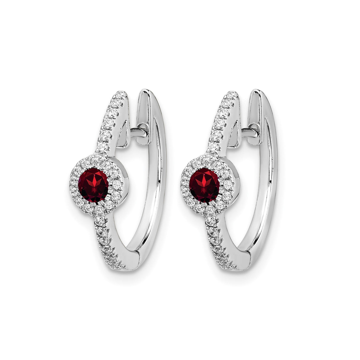 14k White Gold Hoop Earrings with Garnet and Diamond Accents, Classic Formal Huggies for Women