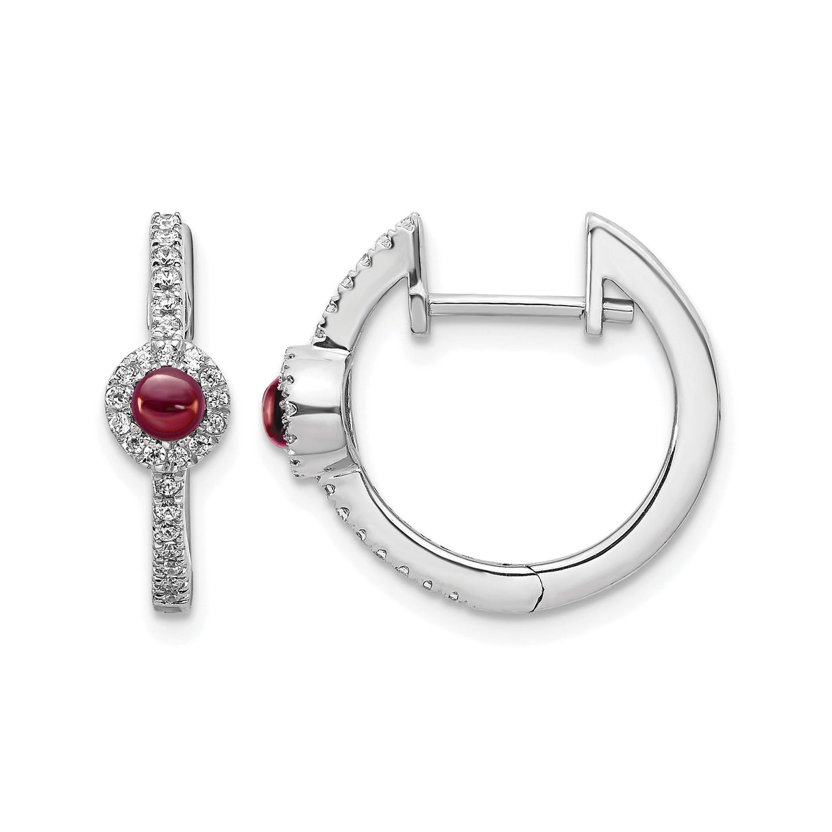 14k White Gold Hoop Earrings with Garnet and Diamond Accents, Classic Formal Huggies for Women