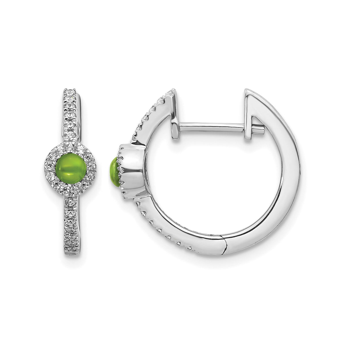 14k White Gold Hoop Earrings with Peridot and Diamond Halo Accents