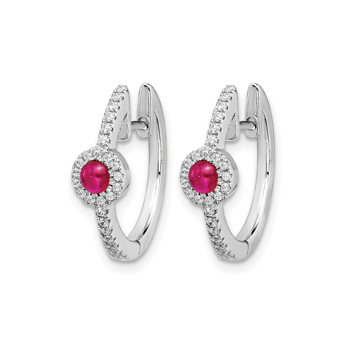 14k White Gold Hoop Earrings with Ruby Center and Diamond Accents in Pavé Setting