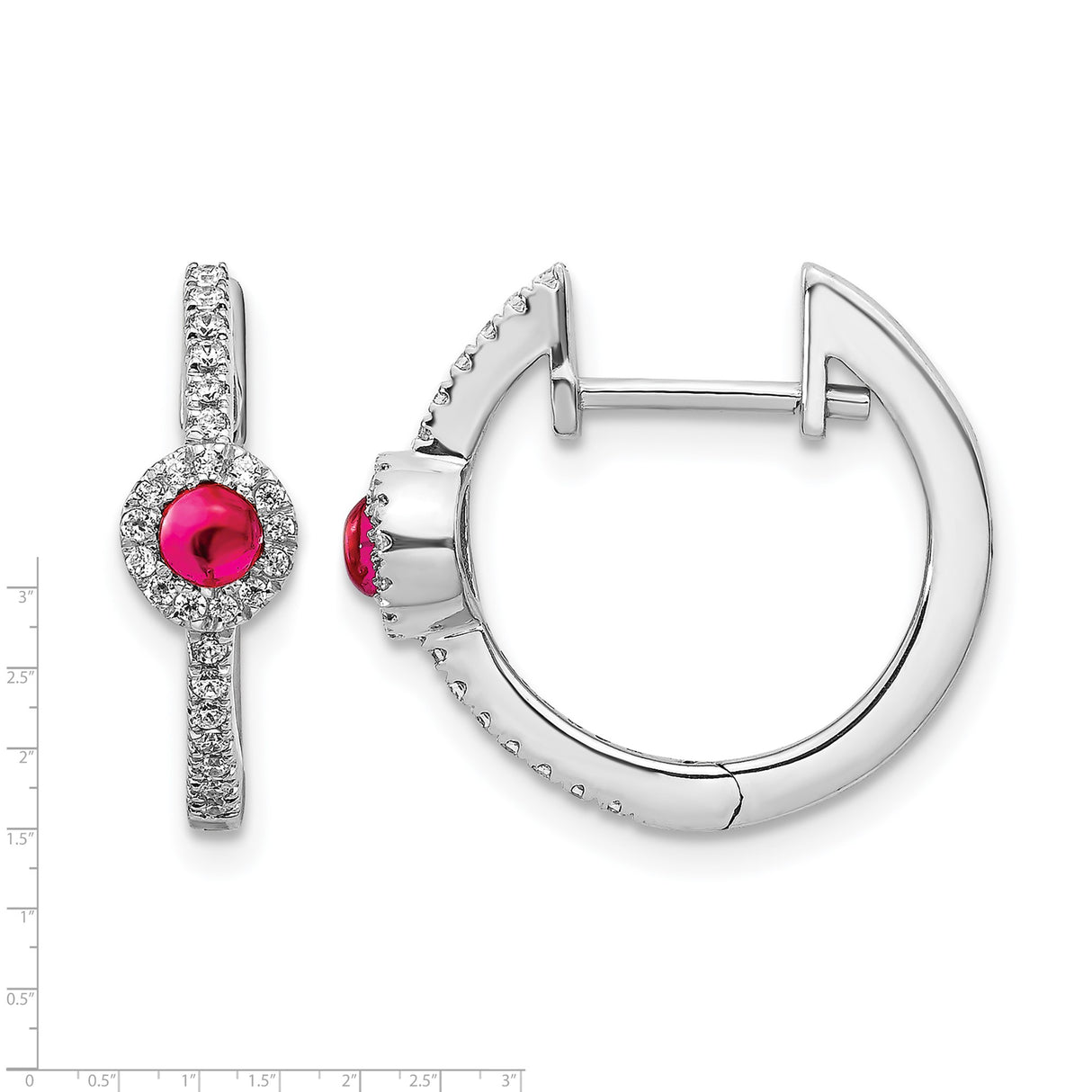 14k White Gold Hoop Earrings with Ruby Center and Diamond Accents in Pavé Setting