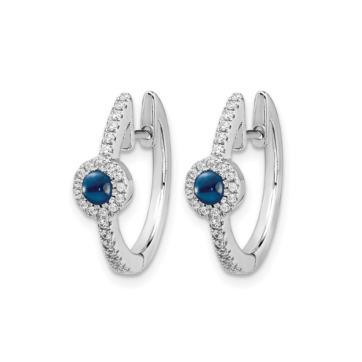 14k White Gold Hoop Earrings with Blue Sapphire and Diamond Halo Setting