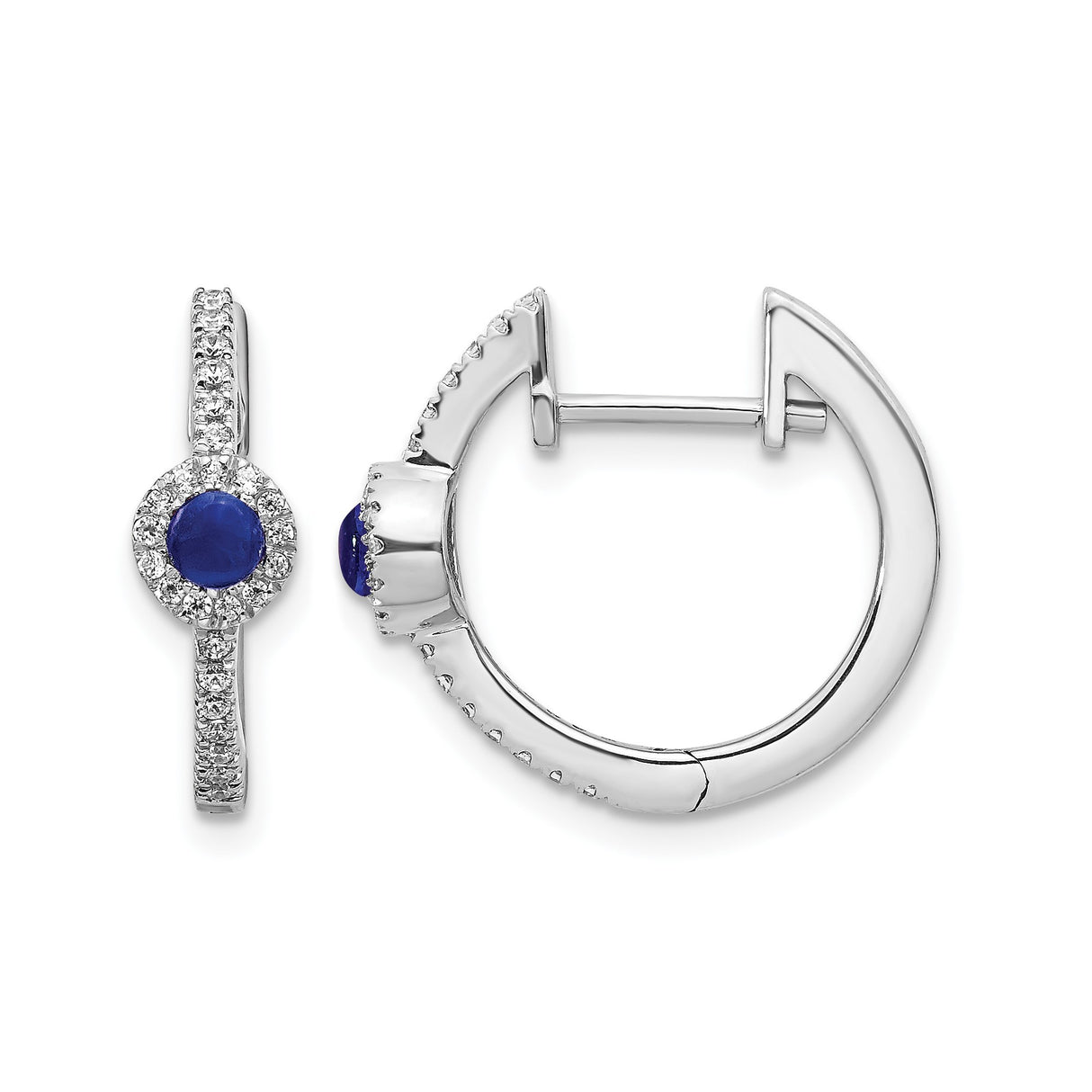 14k White Gold Hoop Earrings with Blue Sapphire and Diamond Halo Setting