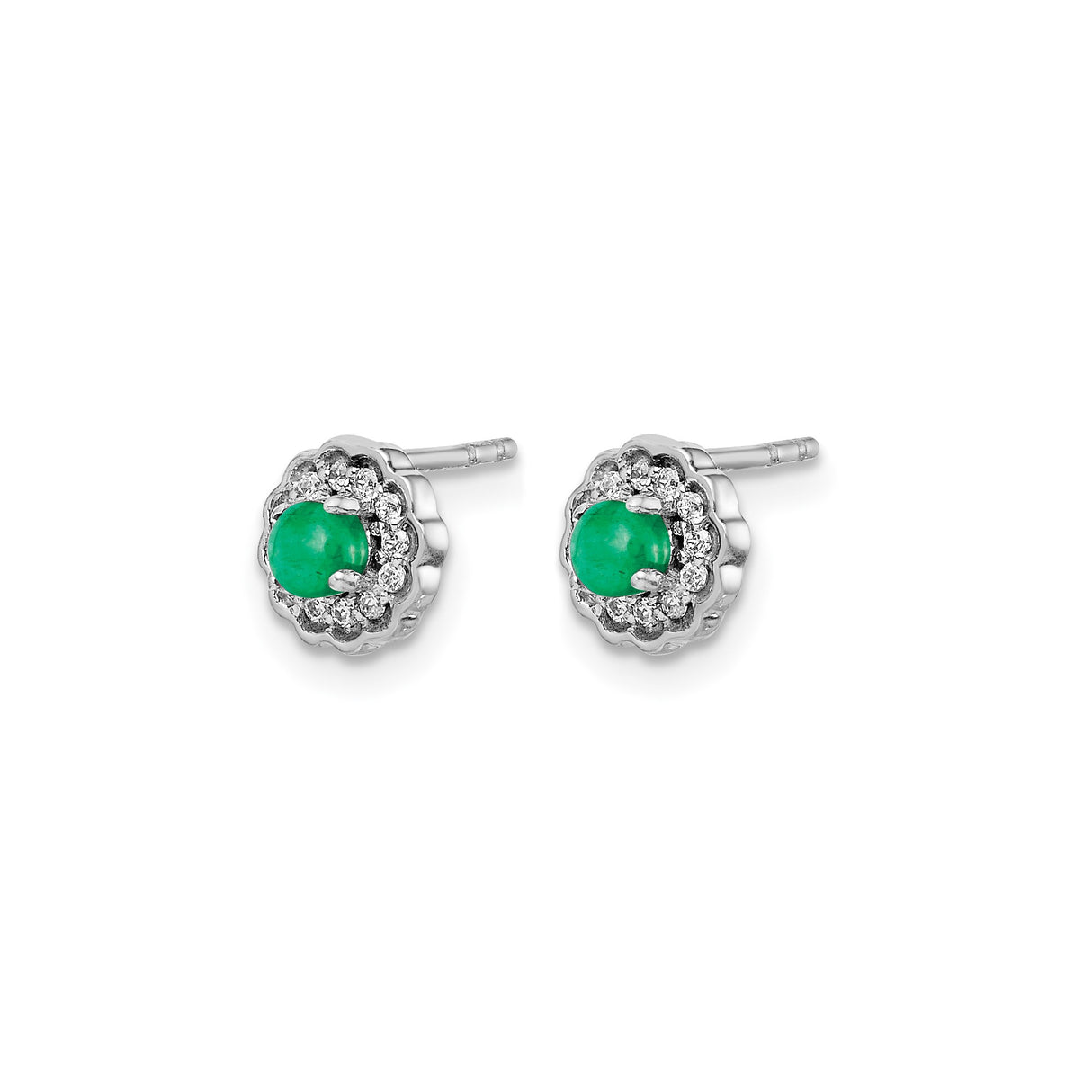 14k White Gold Stud Earrings with Emerald and Diamond, Floral Halo Design