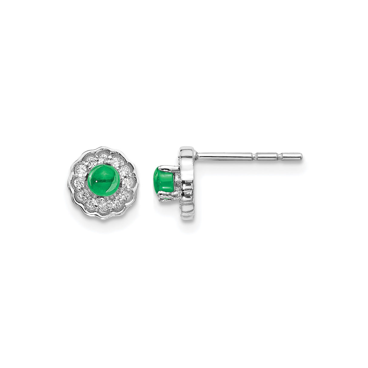 14k White Gold Stud Earrings with Emerald and Diamond, Floral Halo Design