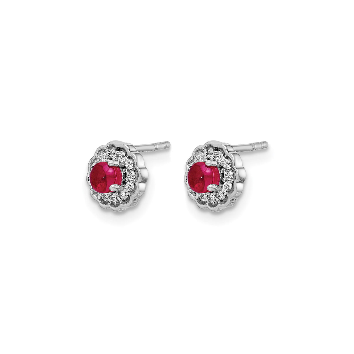 14k White Gold Stud Earrings with Round Ruby and Diamond Halo Floral Design