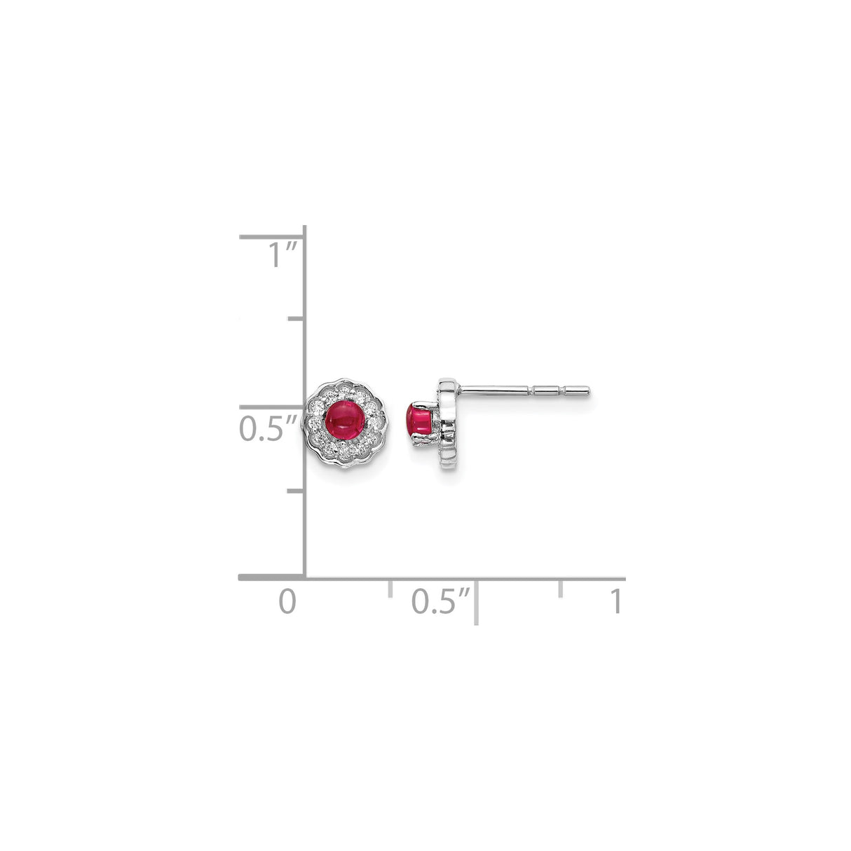 14k White Gold Stud Earrings with Round Ruby and Diamond Halo Floral Design