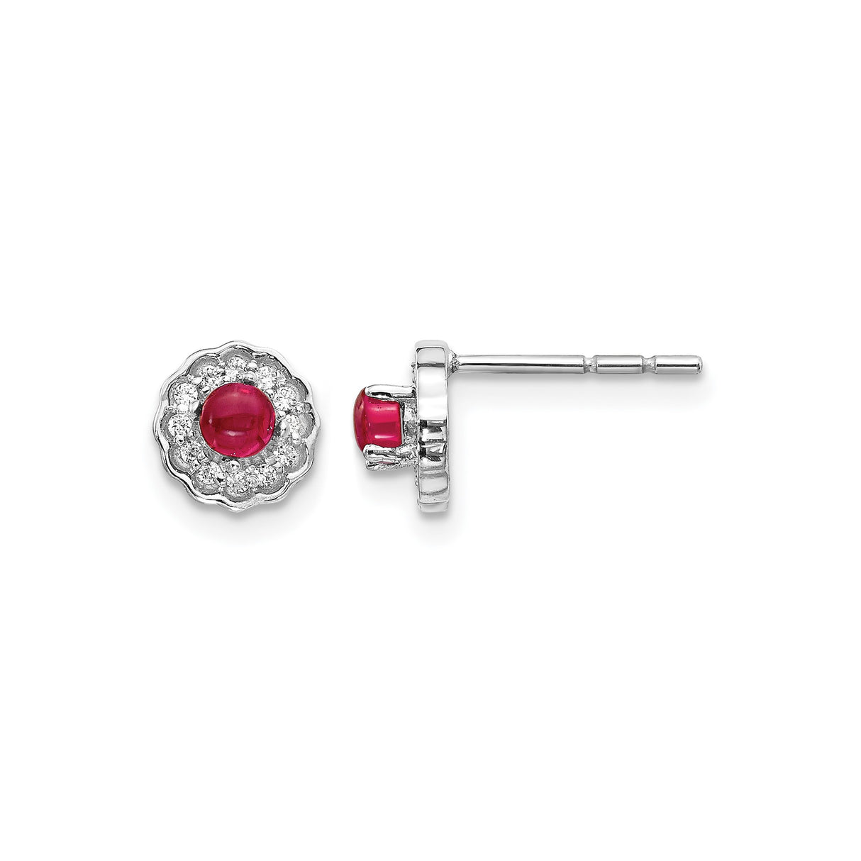 14k White Gold Stud Earrings with Round Ruby and Diamond Halo Floral Design