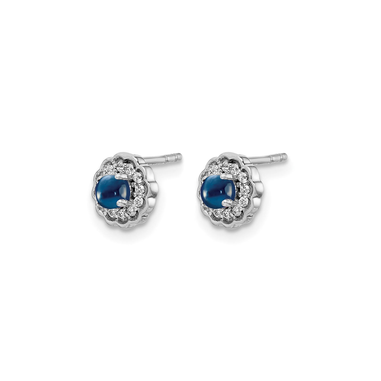 14k White Gold Stud Earrings with Blue Sapphire Cabochon and Diamond Halo Design