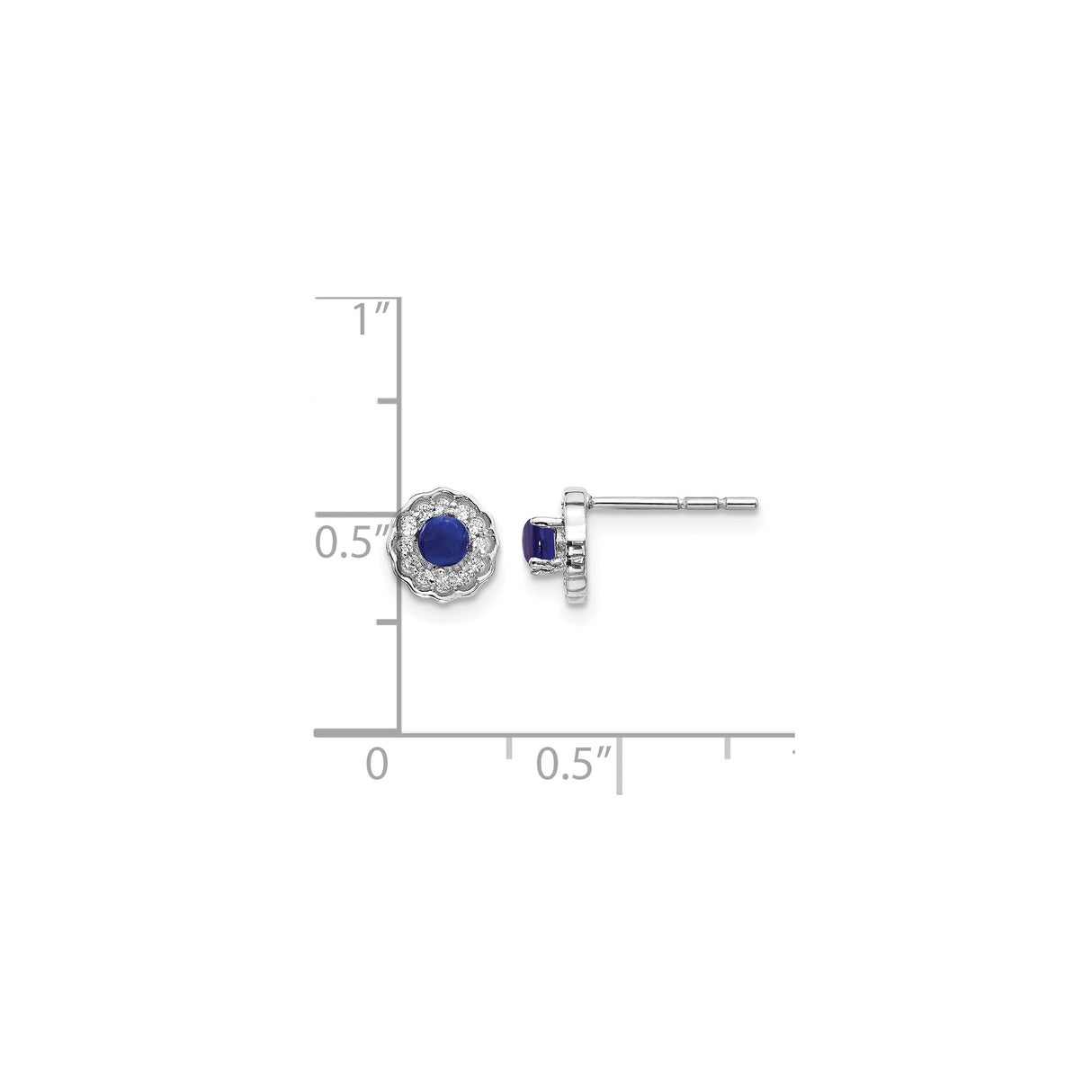 14k White Gold Stud Earrings with Blue Sapphire Cabochon and Diamond Halo Design