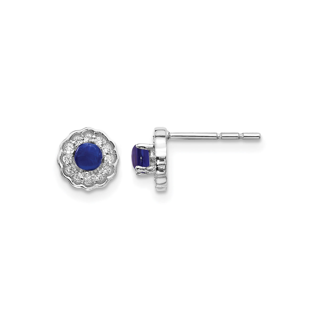 14k White Gold Stud Earrings with Blue Sapphire Cabochon and Diamond Halo Design