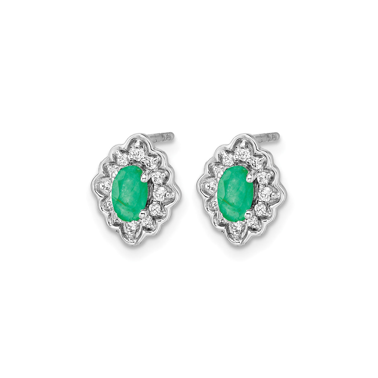 14k White Gold Stud Earrings with Oval Emerald and Diamond Halo Design