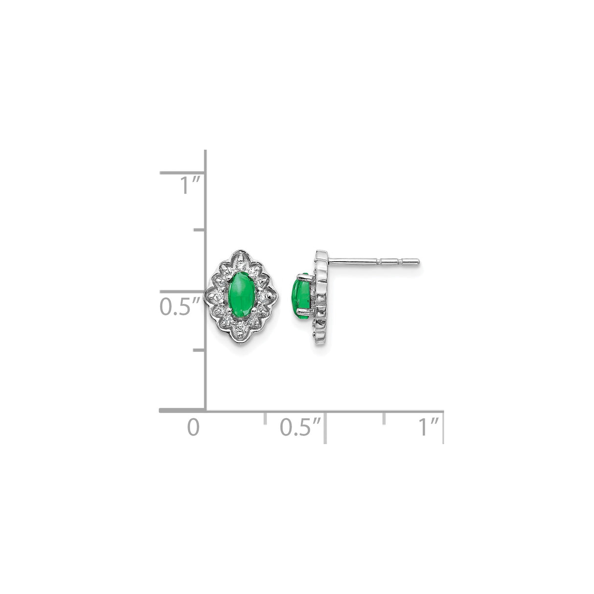 14k White Gold Stud Earrings with Oval Emerald and Diamond Halo Design
