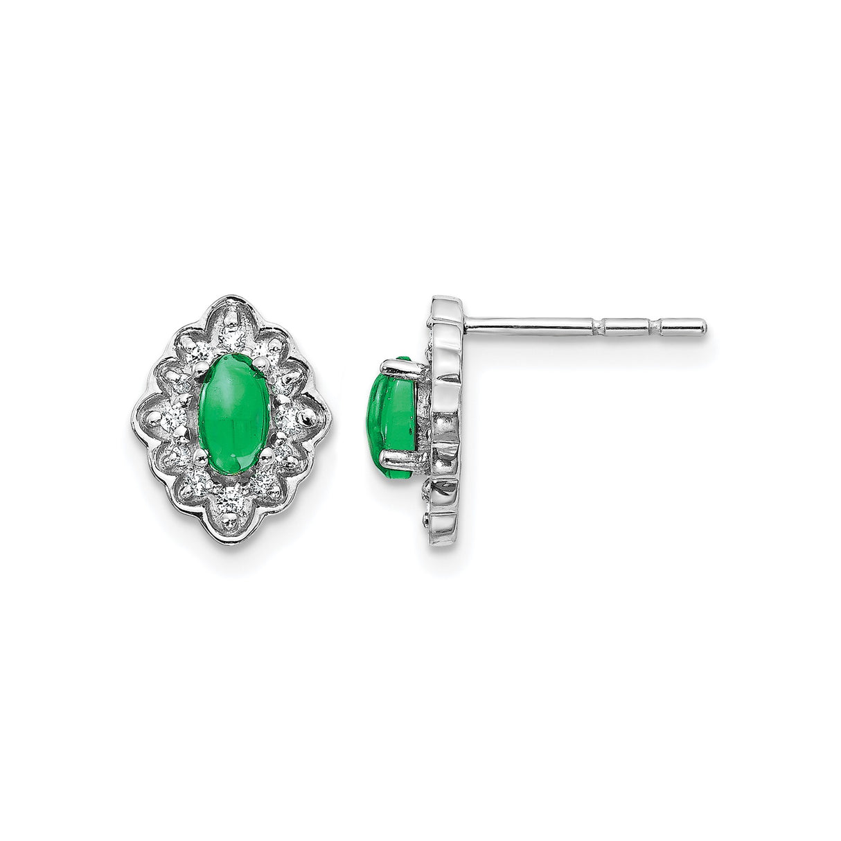 14k White Gold Stud Earrings with Oval Emerald and Diamond Halo Design