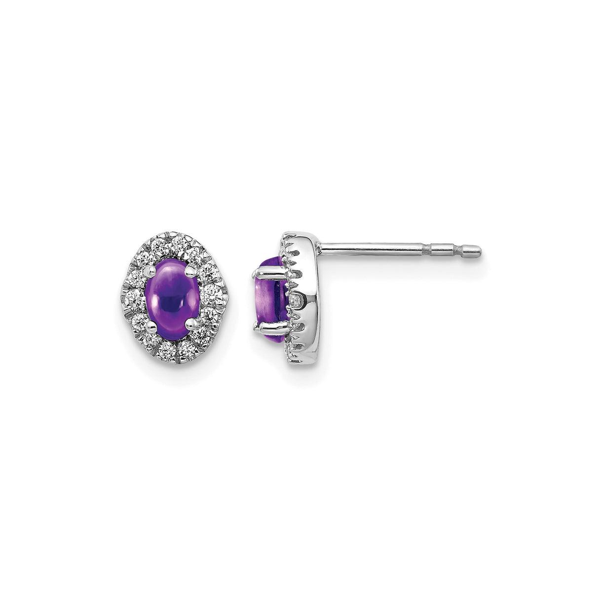 14k White Gold Stud Earrings with Oval Amethyst and Diamond Halo Accents