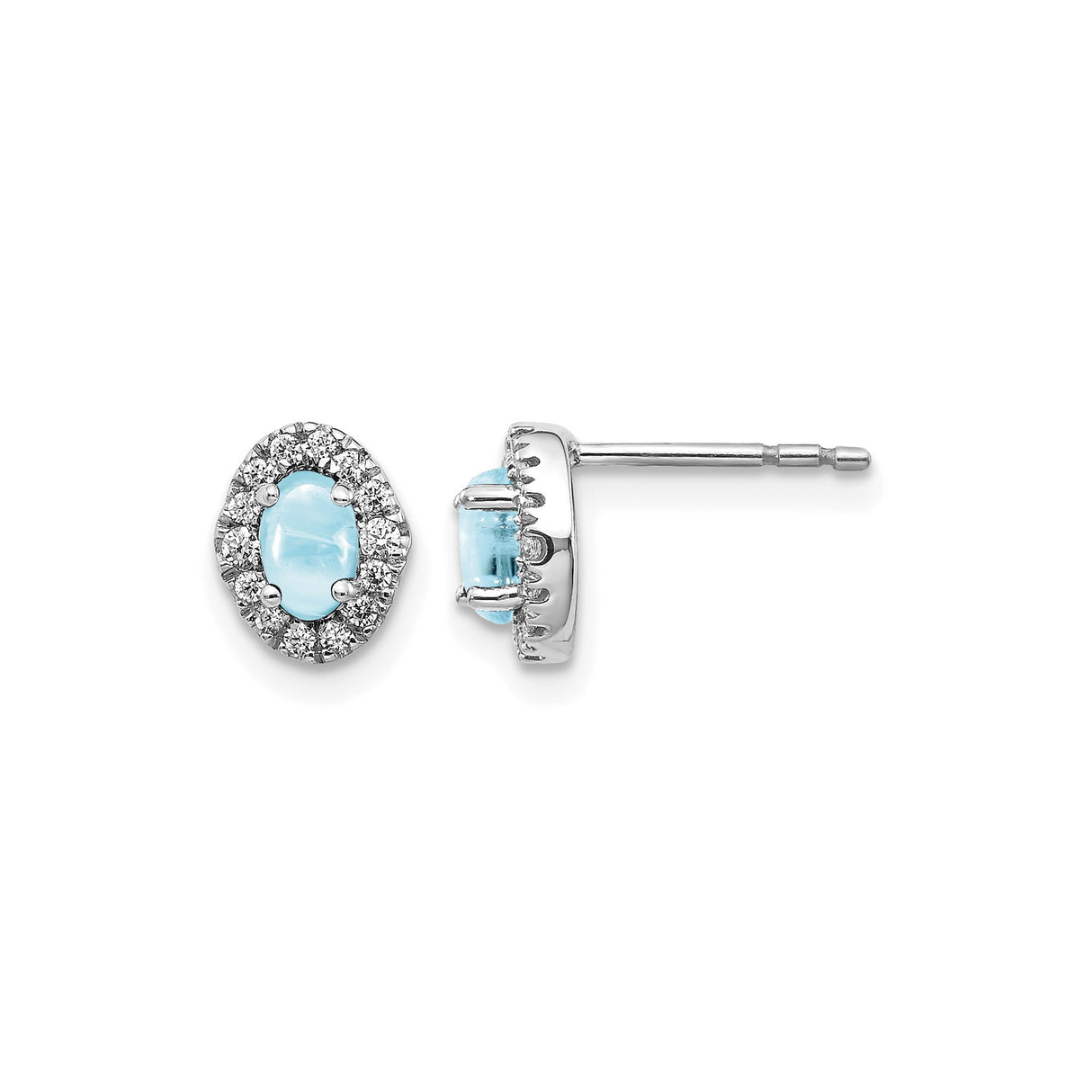 14k White Gold Stud Earrings with Oval Aquamarine and Diamond Halo