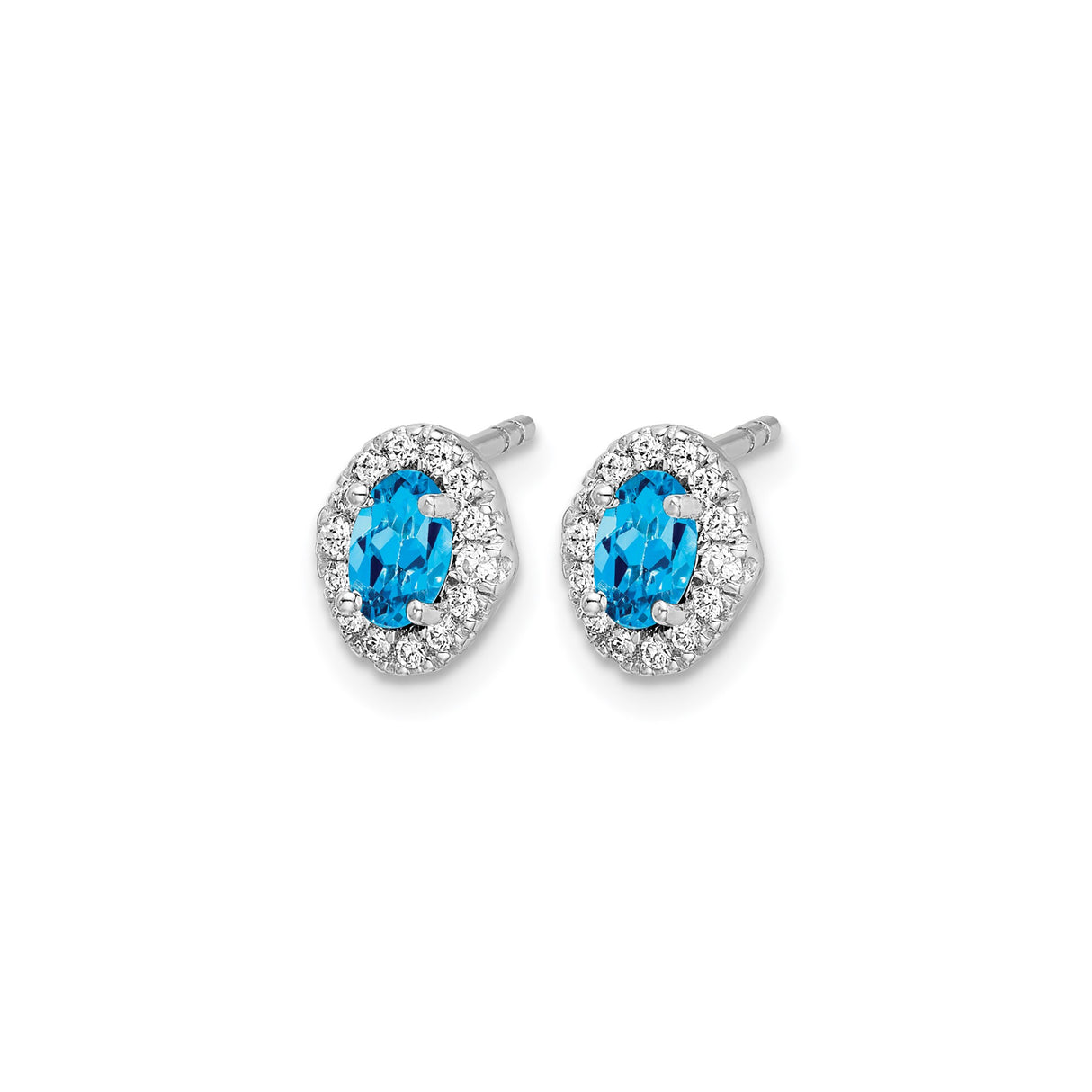 14k White Gold Stud Earrings with Swiss Blue Topaz and Diamond Halo Design