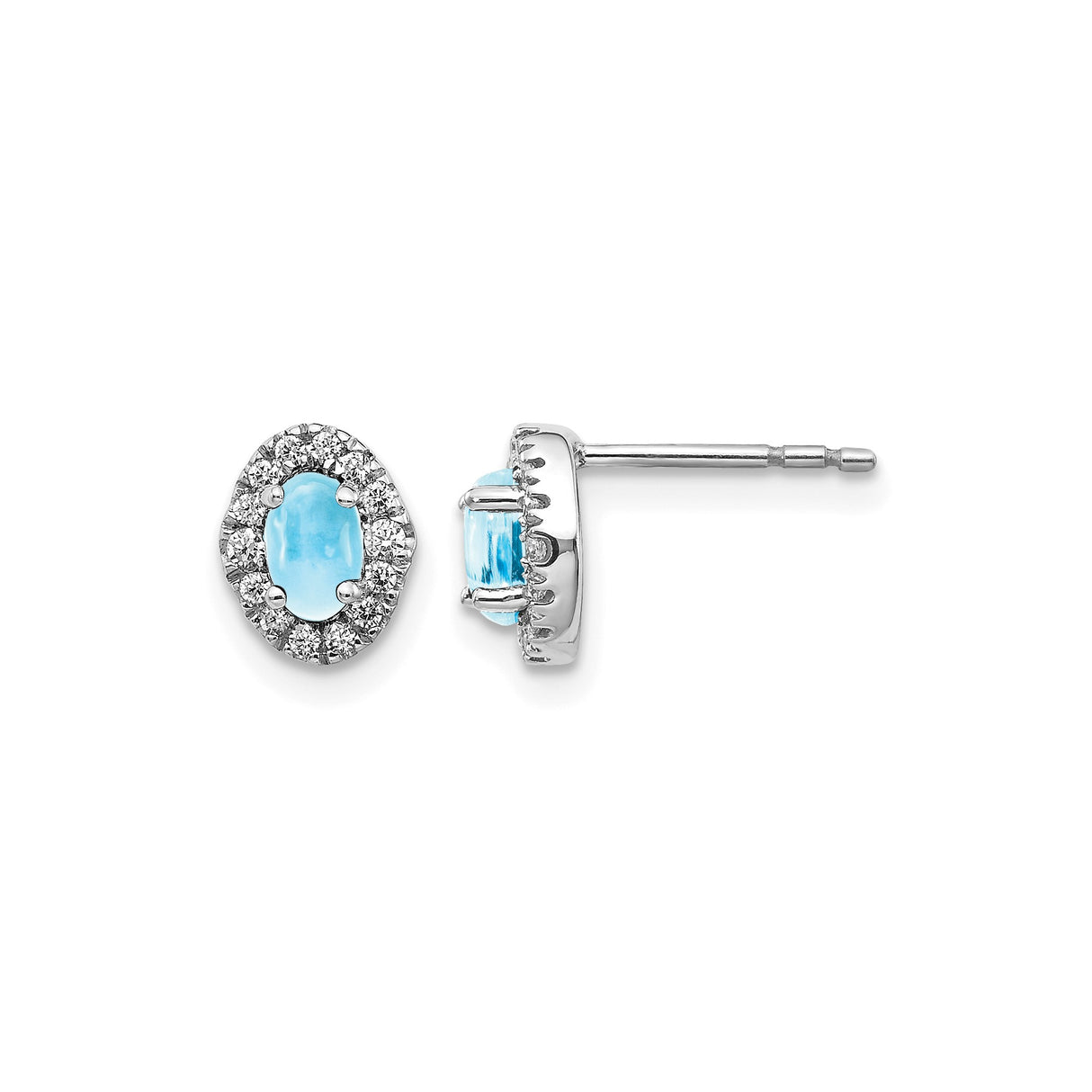 14k White Gold Stud Earrings with Swiss Blue Topaz and Diamond Halo Design