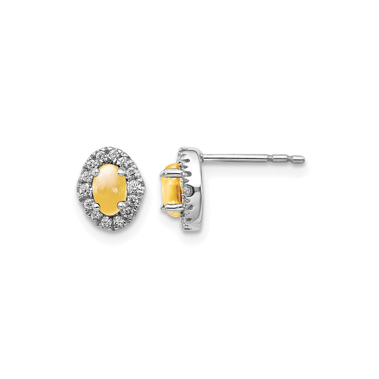 14k White Gold Citrine Stud Earrings with Diamond Halo Accent Stones