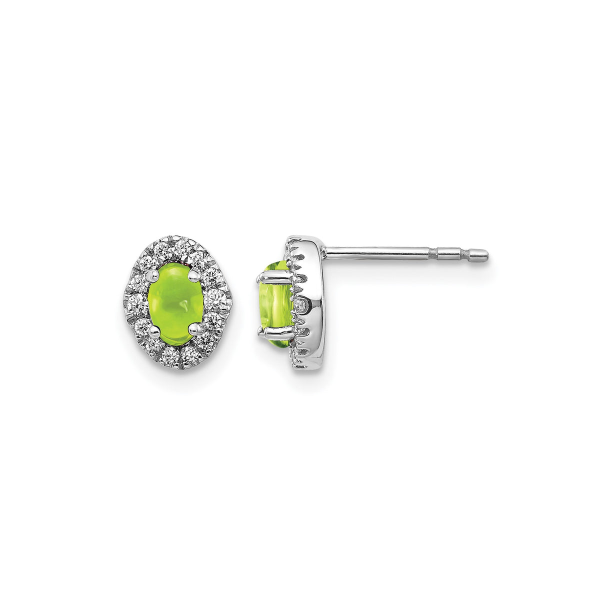 14k White Gold Stud Earrings with Oval Peridot and Diamond Halo Floral Design