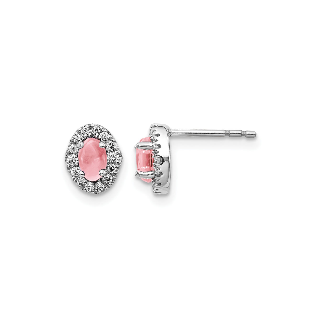 14k White Gold Stud Earrings with Oval Pink Tourmaline and Diamond Halo