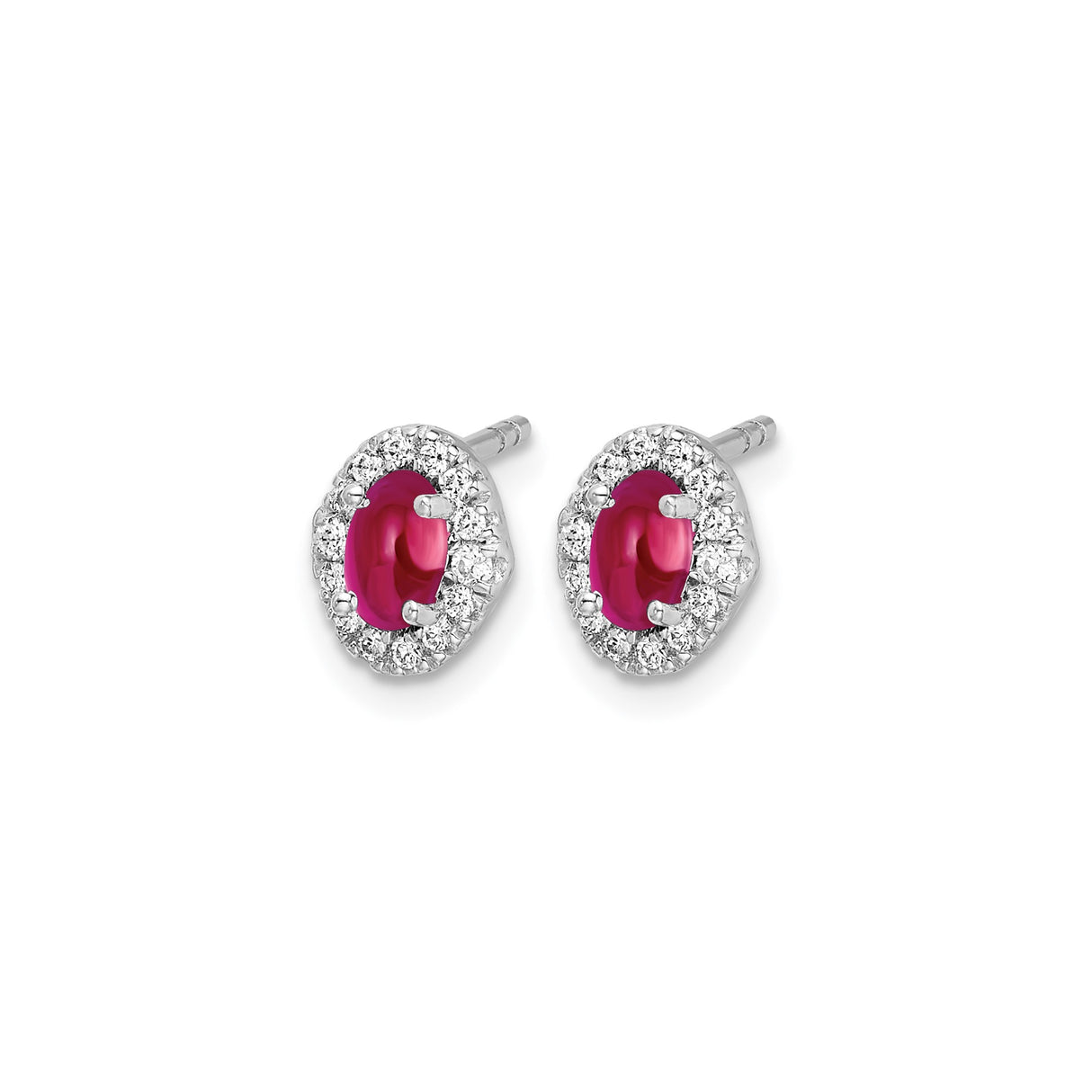 14k White Gold Ruby and Diamond Stud Earrings, Oval Cut Halo Design for Women